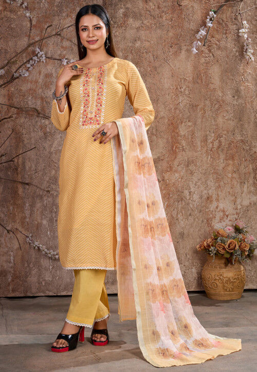 Digital Printed Cotton Pakistani Suit in Yellow