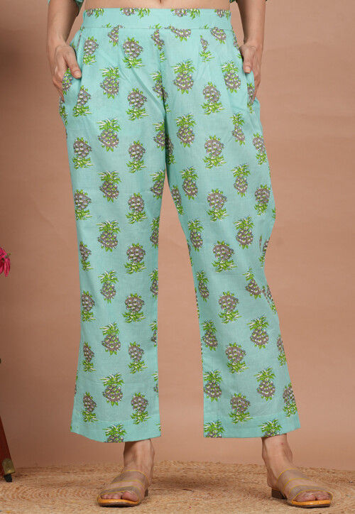 Buy Digital Printed Cotton Palazzo in Turquoise Online BNJ1316 Utsav Fashion
