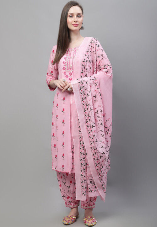 Digital Printed Cotton Punjabi suit in Pink