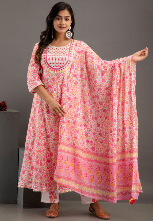 Digital Printed Cotton Rayon Anarkali Suit in Pink and White