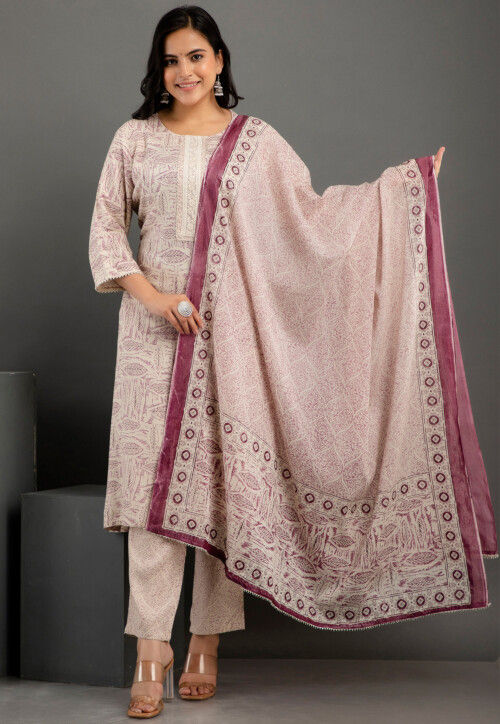 Digital Printed Cotton Rayon Pakistani Suit in Light Beige