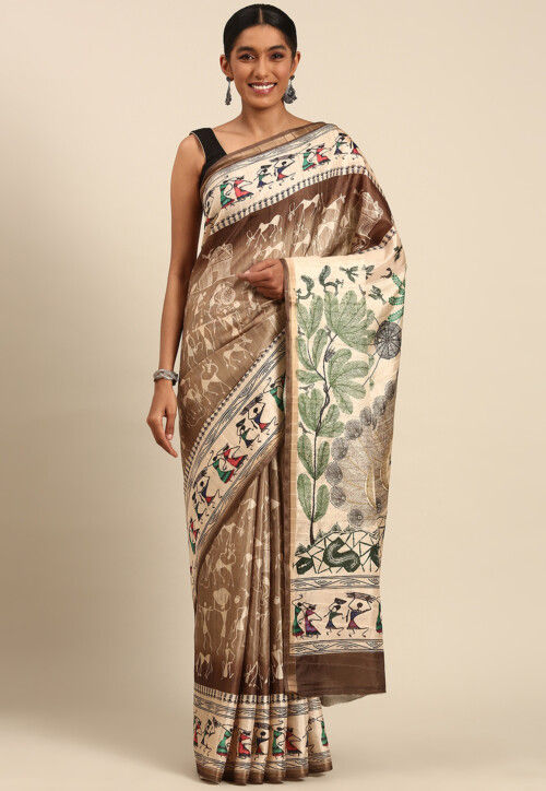 Warli Printed Cotton Saree in Brown