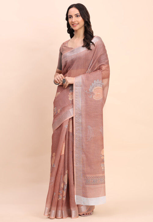 Digital Printed Cotton Saree in Brown