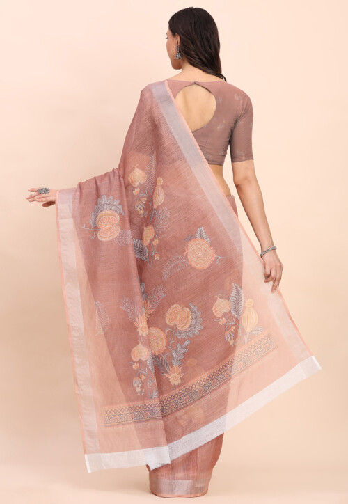 Digital Printed Cotton Saree in Brown