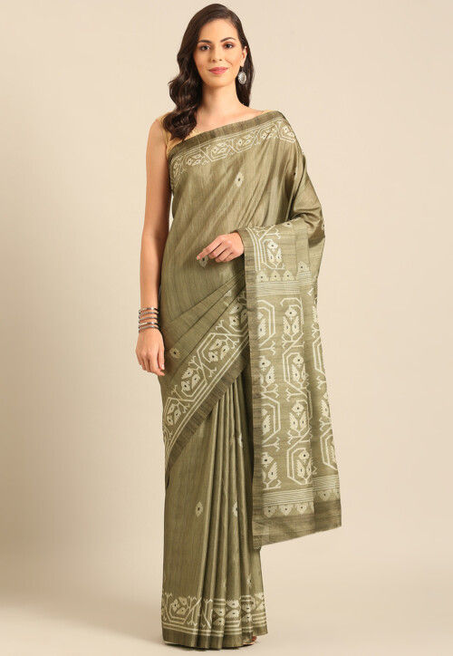Digital Printed Cotton Saree in Dusty Green