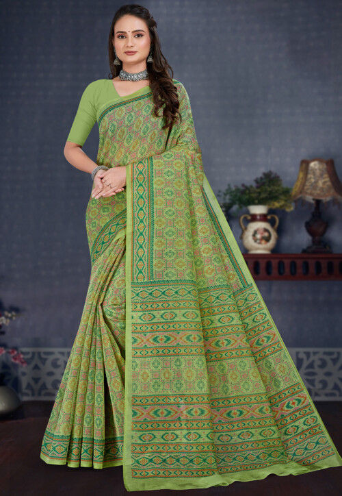 Digital Printed Cotton Saree in Green