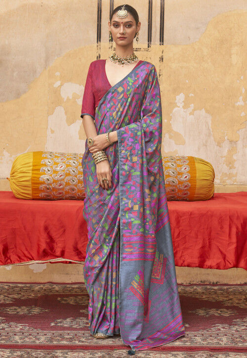 Digital Printed Cotton Saree in Grey