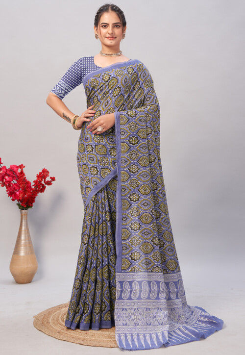 Digital Printed Cotton Saree in Light Blue