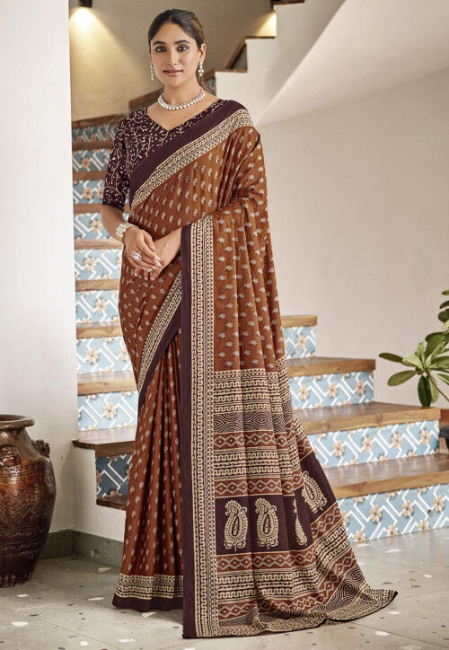 Digital Printed Cotton Saree in Light Brown