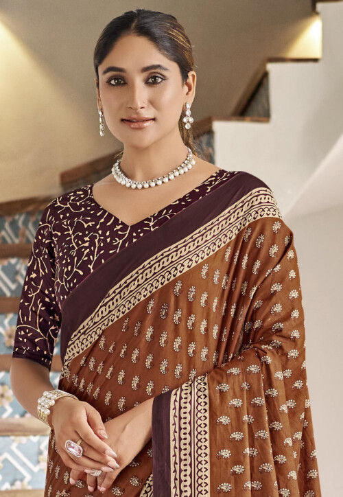 Digital Printed Cotton Saree in Light Brown