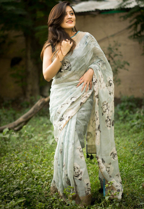 Shop Floral Print Light Grey Color Satin Silk Saree Work Wear