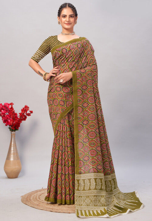 Digital Printed Cotton Saree in Light Olive Green