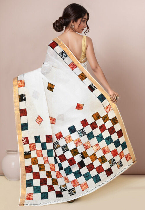 Digital Printed Cotton Saree in Off White