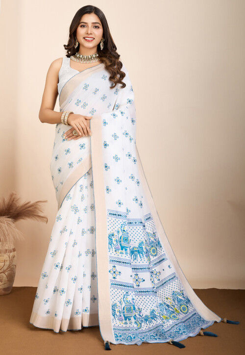 Digital Printed Cotton Saree in Off White