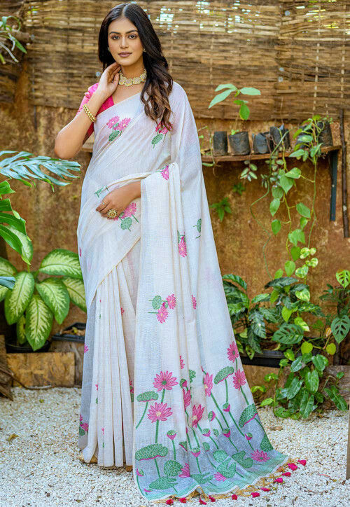 Digital Printed Cotton Saree in Off White