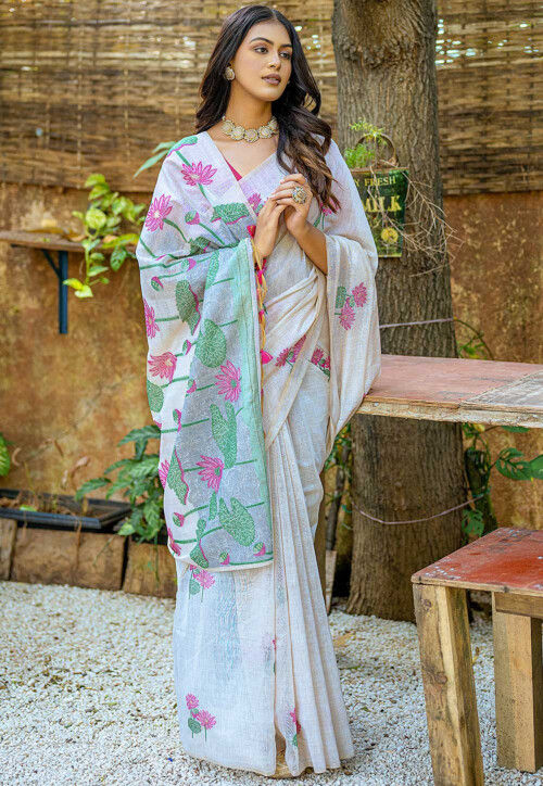 Digital Printed Cotton Saree in Off White