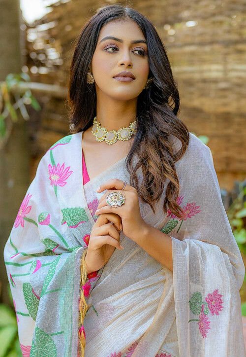 Digital Printed Cotton Saree in Off White