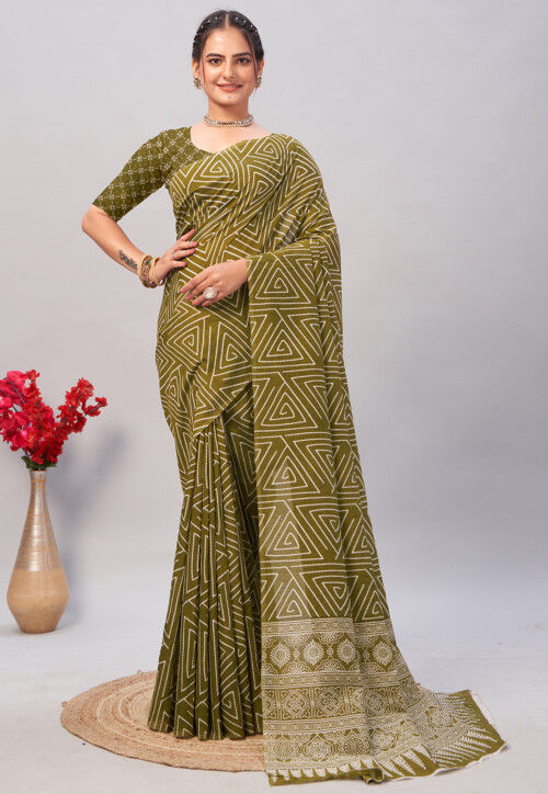 Digital Printed Cotton Saree in Olive Green