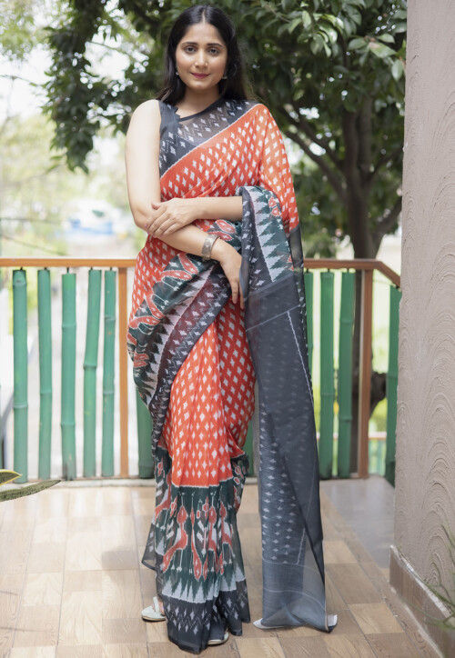 Indigo printed pure cotton saree (IND-60) –