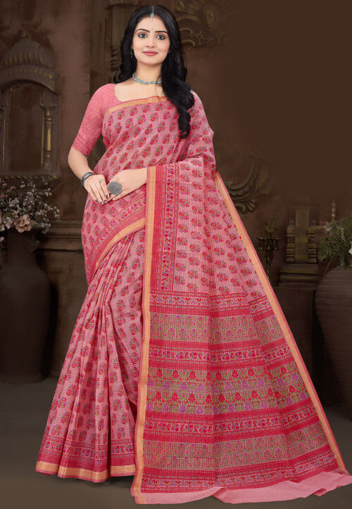 Digital Printed Cotton Saree in Pink