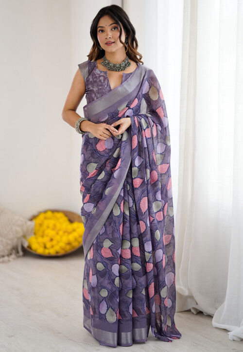 Digital Printed Cotton Saree in Purple