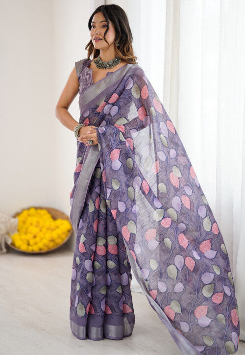 Digital Printed Cotton Saree in Purple
