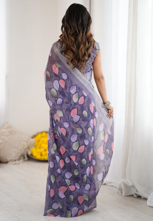 Digital Printed Cotton Saree in Purple