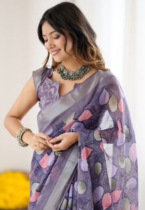 Digital Printed Cotton Saree in Purple