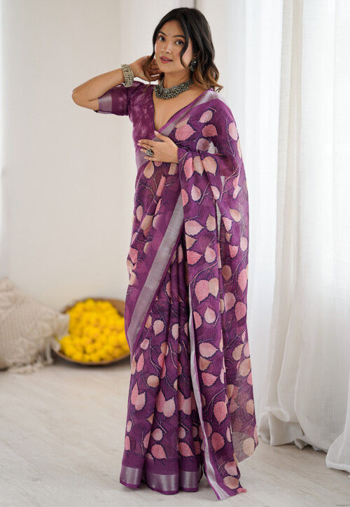 Digital Printed Cotton Saree in Purple