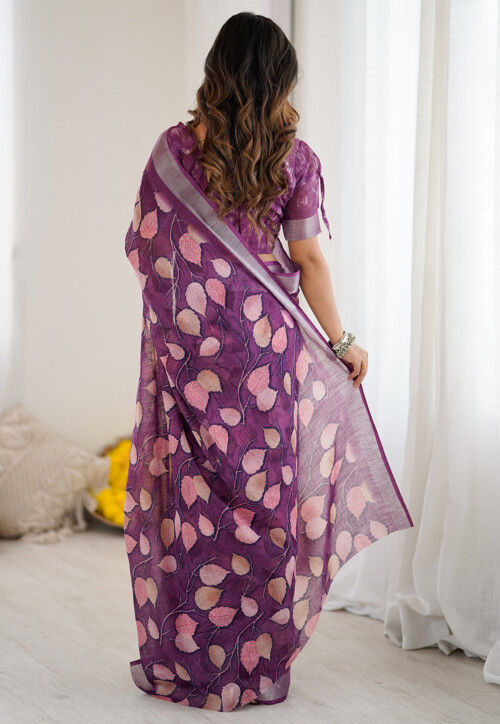 Digital Printed Cotton Saree in Purple