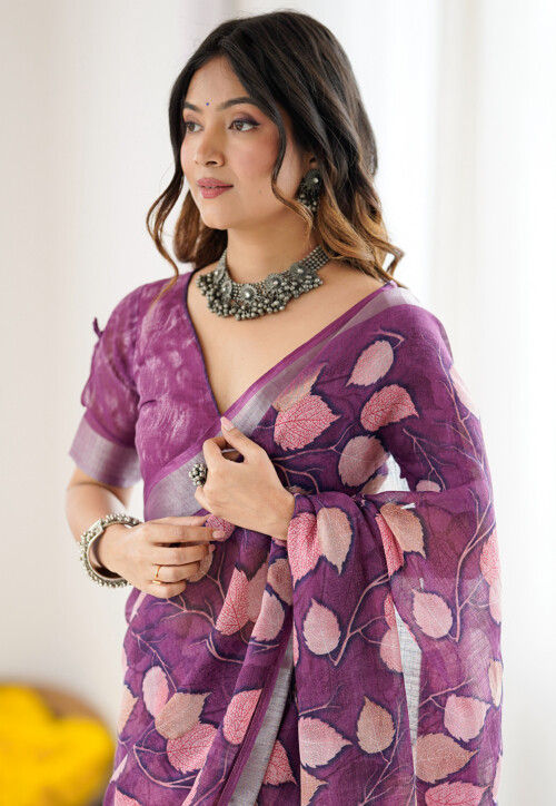 Digital Printed Cotton Saree in Purple