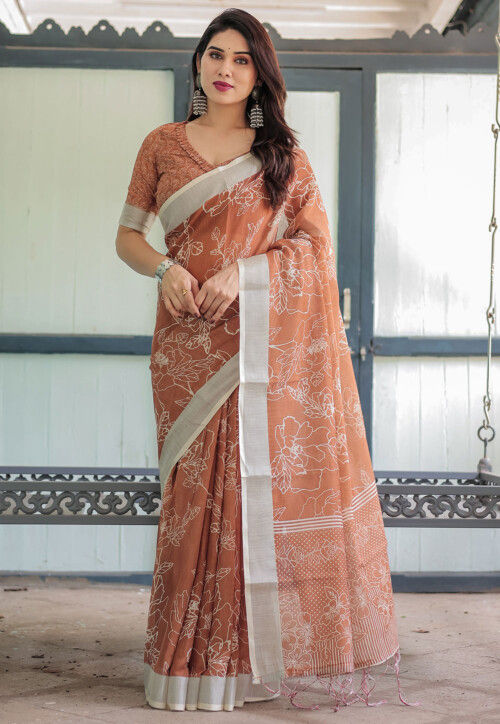 Digital Printed Cotton Saree in Rust