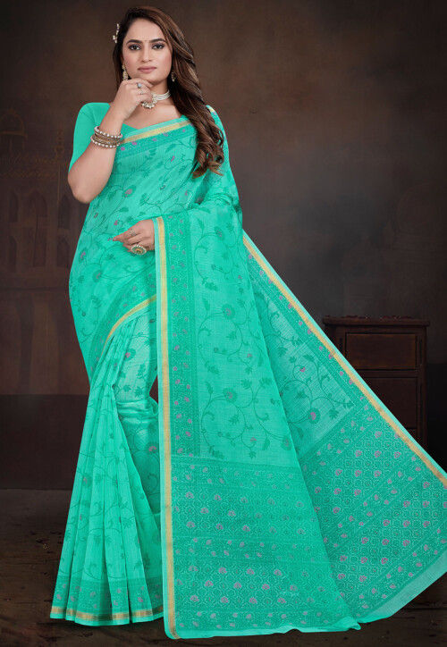 Digital Printed Cotton Saree in Sea Green