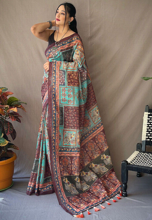 Digital Printed Cotton Saree in Turquoise