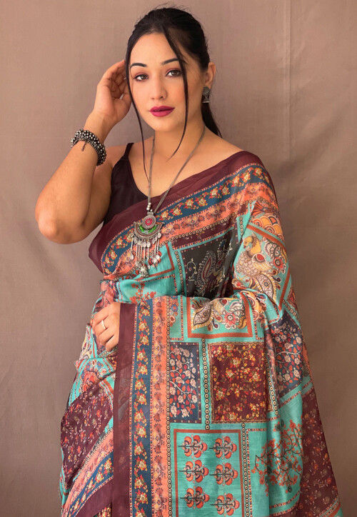 Digital Printed Cotton Saree in Turquoise