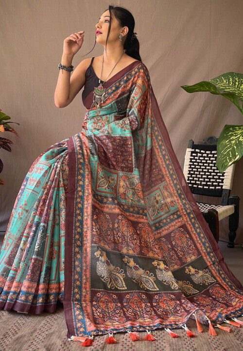 Digital Printed Cotton Saree in Turquoise