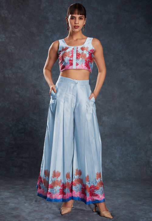 Digital Printed Cotton Satin Crop Top Set in Light Blue