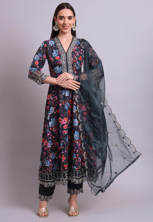 Digital Printed Cotton Scalloped A Line Suit in Black