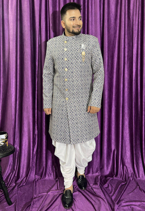 Digital Printed Cotton Sherwani in Grey