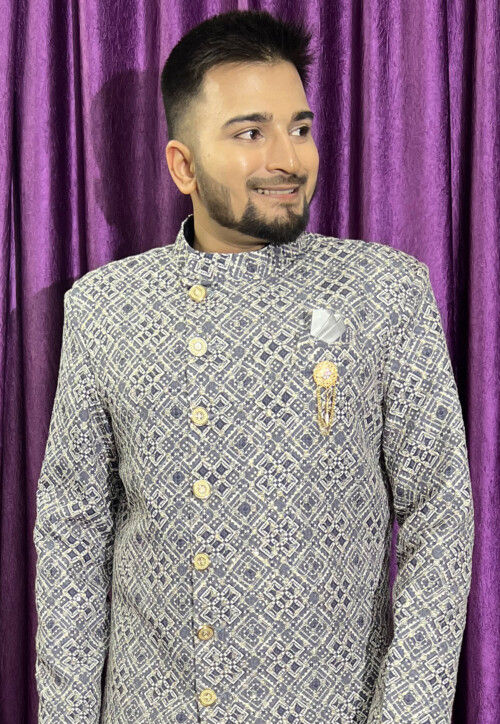 Digital Printed Cotton Sherwani in Grey