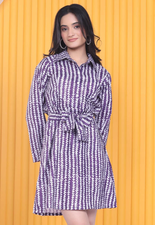 Digital Printed Cotton Short Dress in Purple
