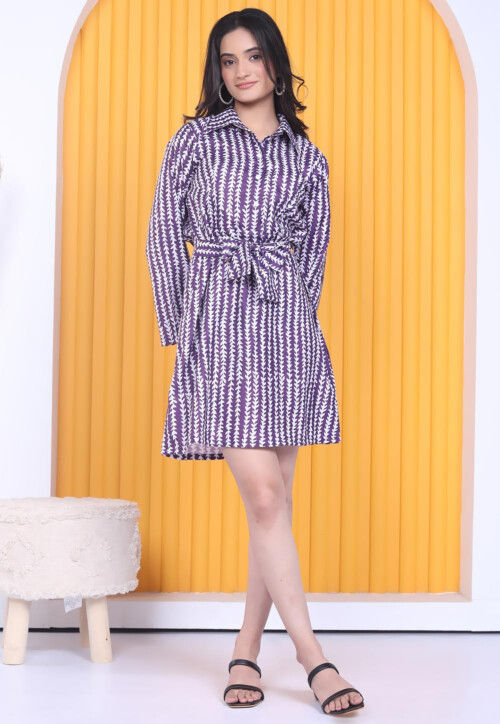 Digital Printed Cotton Short Dress in Purple