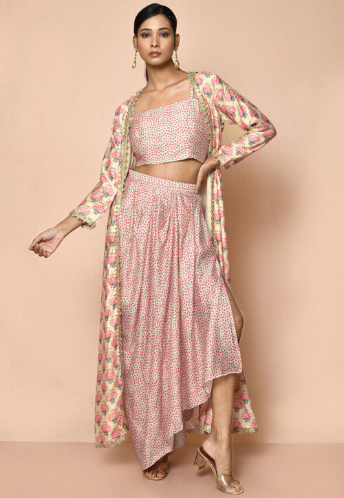 Buy Digital Printed Cotton Silk Crop Top Set in Peach Online