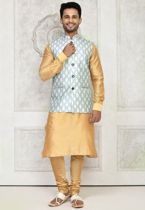 Digital Printed Cotton Silk Kurta Set in Beige and Light Grey