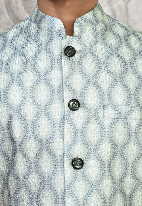 Digital Printed Cotton Silk Kurta Set in Beige and Light Grey