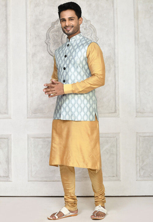 Digital Printed Cotton Silk Kurta Set in Beige and Light Grey