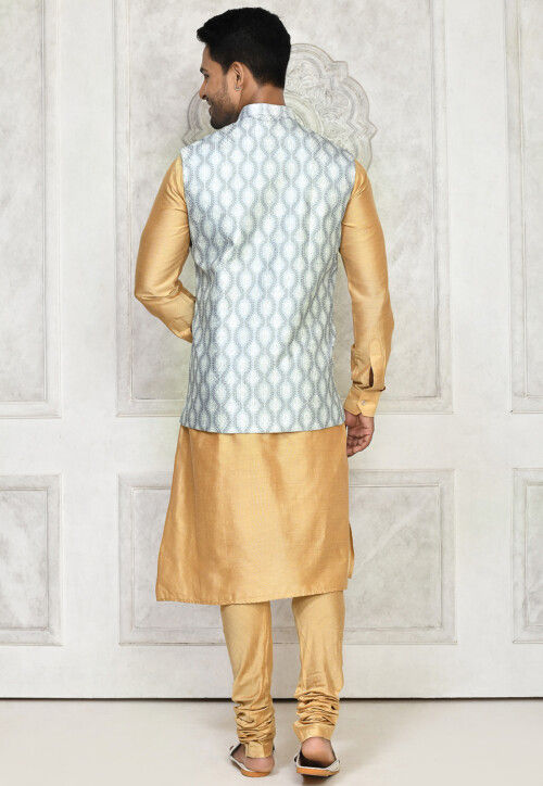 Digital Printed Cotton Silk Kurta Set in Beige and Light Grey