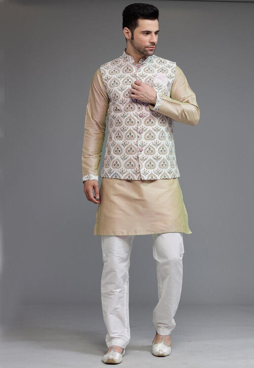 Digital Printed Cotton Silk Kurta Set in Beige