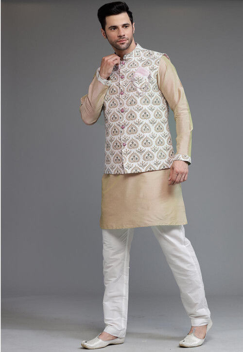 Digital Printed Cotton Silk Kurta Set in Beige