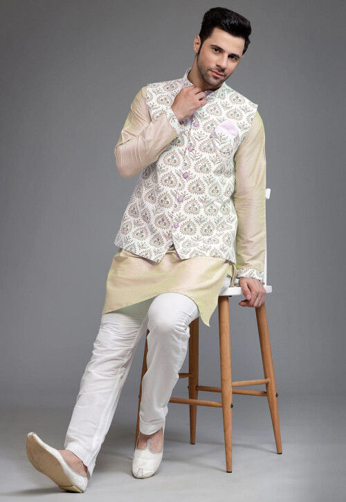 Digital Printed Cotton Silk Kurta Set in Beige